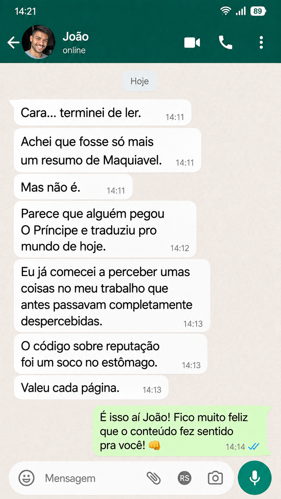 Depoimento de João no WhatsApp sobre os 50 códigos de Maquiavel