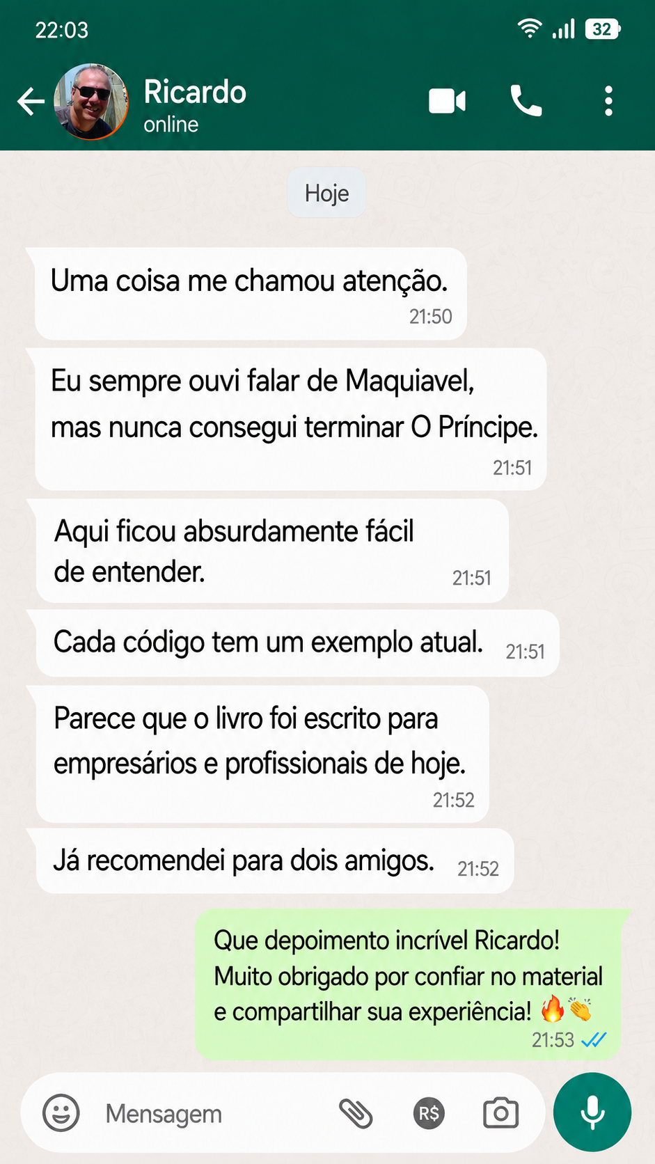 Depoimento de Ricardo no WhatsApp sobre os 50 códigos de Maquiavel