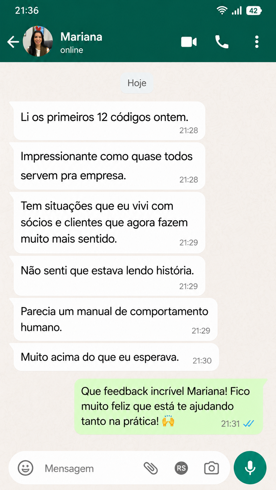 Depoimento de Mariana no WhatsApp sobre os 50 códigos de Maquiavel