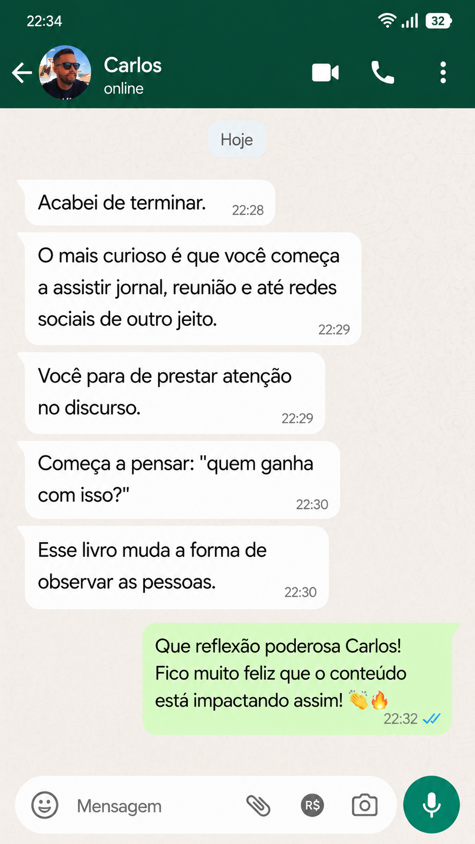 Depoimento de Carlos no WhatsApp sobre os 50 códigos de Maquiavel